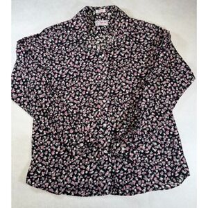 Orvis Women's Button Up Floral Blouse 14 Black with Roses Long Sleeve Vintage